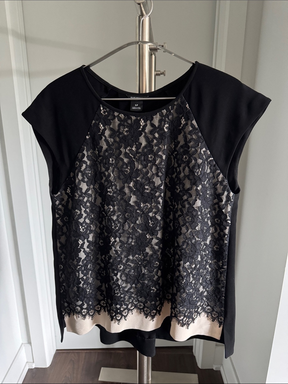 Club Monaco Black Lace Front Blouse with Cream Underlay